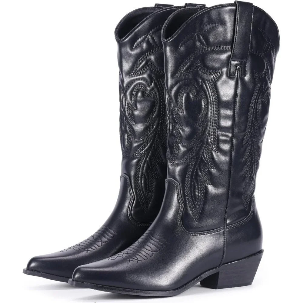 Women's Black Pointy Toe Cowgirl Chunky Heel Boot Mid Calf Ladies Western Boots